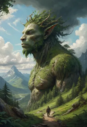 Цифровое произведение искусства, изображающее существо, покрытое деревьями и зеленью, возвышающееся над горным хребтом, с высоким разрешением и тонкими хаотическими щетками, которые дали ему эпический масштаб