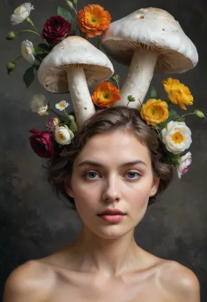 Сюрреалистическая фотография с высоким серым фоном, показывающая закрытие верхней части тела белой грибной короткошерстной красоты без лица, ее лицо заменяется цветами различных цветов. Сочетание этих цветов