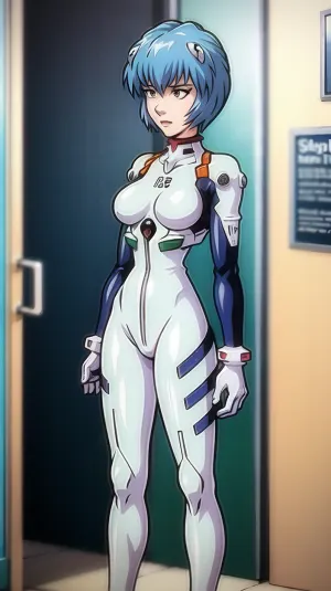 A woman in a sexy outfit resembling Rei Ayanami from Evangelion is swaying her hips and showing off her curves, wearing a plugsuit that fits like Rei's