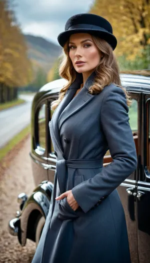 Une femme dans une pose sexy se tient devant le manoir, ses yeux fixés sur le bâtiment. Elle porte un chapeau et un manteau sexy de chauffeur, les bras croisés sur la poitrine et une jambe légèrement pliée. Son regard est intense