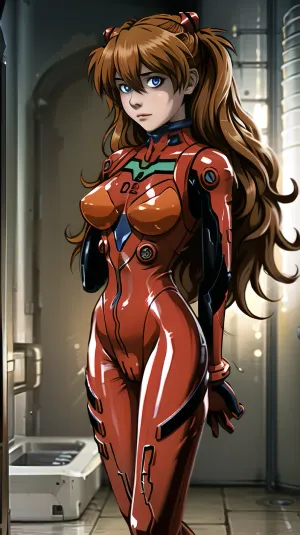 Asuka, the sexy redhead from Evangelion, is in a changing room with her hair down and wearing a sexy plugsuit. She's dancing sexily and swaying from side to side as she takes off her clothes. The camera captures every