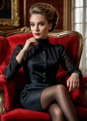 हल्के भूरे बालों वाली महिला एक सुरुचिपूर्ण अप्डो में स्टाइल करती है, जो स्मोकी आई छाया और नग्न लिपस्टिक के साथ सूक्ष्म मेकअप पहनती है, जो बटन विवरण और सरासर काले मोज़ा के साथ एक काले साटन पोशाक में तैयार होती है, जो आत्मविश्वास से एक समृद्ध बनावट पर बैठती है।