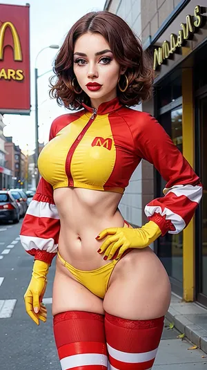 A menina na imagem está usando uma camisa listrada vermelha e shorts correspondentes, com uma porção de seu cabelo puxado para trás e o resto pendurado para baixo. Seu rosto é simétrico com maçãs do rosto definidos e sobrancelhas definidas, enquanto suas luvas de comprimento total em sua