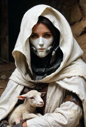 В укромном месте изображена большая фотография робота-андроида с женщиной-андроидом, сидящим тихо на коленях. Фон темный и грязный, и единственный источник света - от маленькой лампы на голове ягненка