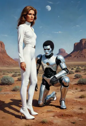 The 1970's were a time of great technological advancements, and one of the most iconic images from that era was the Gundam. This cyborg man with a silver body and black face stood over the kneeling cyborg girl wearing white high
