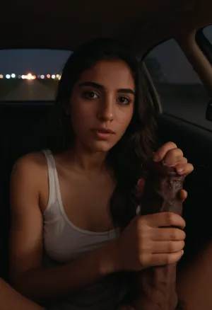 The Arab girl was driving down the dirt road at night, her eyes fixed on the road ahead. Suddenly, a giant black penis appeared in her peripheral vision. She glanced over and saw a muscular 18-year-old boy with average body features and