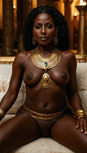 Ultrarealistic Photography, high-resolution, photorealistic image, wallpaper, 8k, a black egyptian queen milf 50yo, (very dark black skin:1.5), naked, large egyptian necklace, large ear rings, saggy small tits, yielling her pleasure to be anally streched by a white huge cock, on a couch inside an antic egyptian temple