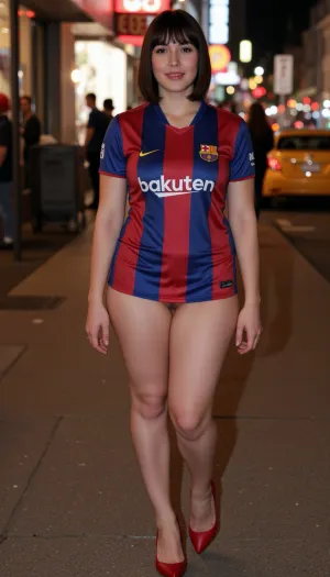 FCバルセロナのキットを身に着けているユニークなモデルポーズで、バスティ女性は正面を立たせます。 ラウンドフェイスとボブカットヘアは、群衆から彼女を際立たせました。 彼女の曲線を抱える赤いハイヒールとスリムなウエストを着ていました
