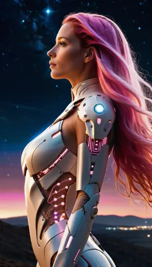 A female cyborg figure, with long, flowing pink hair, stands in profile view against a night sky filled with stars and a galaxy. She is positioned slightly off-center to the left of the frame, her body oriented towards a bright star in the distance. Her pose is one of gentle reverence, with her hands outstretched as if to touch or embrace the star. The cyborg's body is highlighted with glowing pink lines, outlining intricate mechanical details – like circuitry – that are embedded within her form. Soft, glowing pink illuminates the figure, creating a sense of ethereal beauty, against a dark background. The background features a beautiful night sky with a galaxy and a pale pinkish-orange horizon. The overall style is futuristic and slightly ethereal, with a focus on beauty. The composition is a landscape-style, with the horizon visible in the lower part of the image, drawing the focus to the cyborg figure.