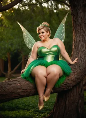 Tinker Bell as ssbbw. Sitting on tree. Smart smile. Dynamic in photo. Seductive posing. View from side. Füll body photo. Disney art.
