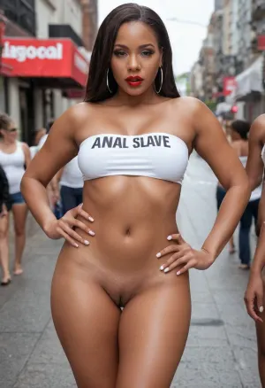 black woman aged 25 wearing a skimpy tube top that says "ANAL SLAVE" in black letters, ((white tube top with "ANAL SLAVE" in black letters)), woman is naked from the waist down, beautiful face, busy public street, seductive, curvy body, nubian skin, dark skin, sexy woman, perfect tits, big tits, large breasts, sexy ass, fat ass, posed suggestively, no pants, (no underwear), (exposed vagina), visible vagina, beautiful vagina, perfect vagina, wet vagina, creampie, creampied vagina, no bottoms, ((cum dripping from vagina)), semen dripping from pussy, leaking vagina, flowing pussy, semen dripping down leg, brunette, slutty makeup, sexy face, red lipstick, whore makeup, creamypie, grool, dripping, wet, cumshot, her, cumwalk cumdrip