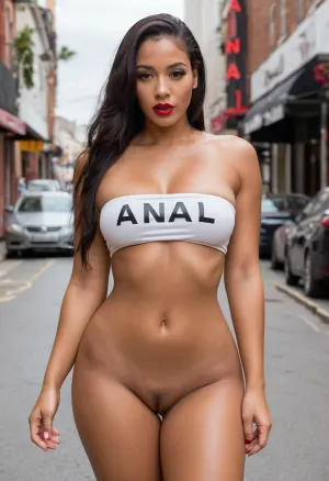 black woman aged 25 wearing a skimpy tube top that says "ANAL ALVE" in black letters, ((white tube top with "ANAL SLAVE" in black letters)), woman is naked from the waist down, beautiful face, busy public street, seductive, curvy body, nubian skin, dark skin, sexy woman, perfect tits, big tits, large breasts, sexy ass, fat ass, posed suggestively, no pants, (no underwear), (exposed vagina), visible vagina, beautiful vagina, perfect vagina, wet vagina, creampie, creampied vagina, no bottoms, ((cum dripping from vagina)), semen dripping from pussy, leaking vagina, flowing pussy, semen dripping down leg, brunette, slutty makeup, sexy face, red lipstick, whore makeup, creamypie, grool, dripping, wet, cumshot, her, cumwalk cumdrip