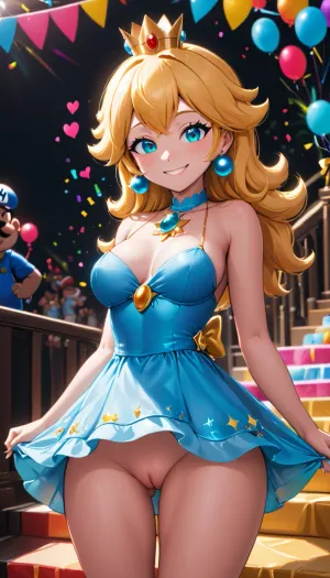 그녀는 그것에 마리오의 그림과 짧은 흰색 드레스를 착용하고 있습니다. 그녀의 얼굴은 카메라를 향해 돌리고, 그녀는 웃고 한 눈에 승리합니다. 파티 배경은 빛과 어둠의 대조를 보여줍니다, 사람들 파티