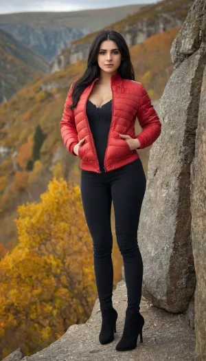 A mulher na imagem está vestindo uma jaqueta preta e em pé na frente de um penhasco, com cabelo de comprimento total e olhando para a câmera com uma expressão séria