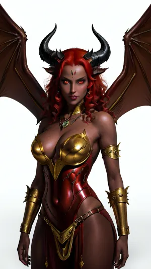 The succubus, with her seductive red hair and devilish gold dress, stood in front of the oni with her voluminous bat wings spread out. She smirked wickedly and led him to a nearby room where they
