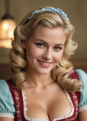 Heidi, una splendida 23enne con una parte laterale e una grande acconciatura vintage che scorre, sorride in un dirndl vintage del 1950