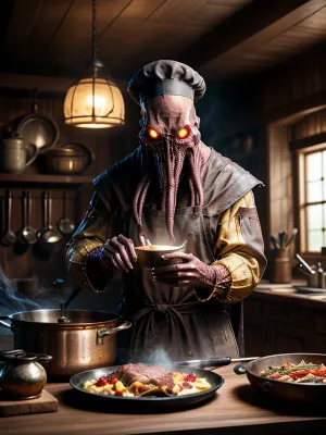 Der Renaissancealchemiker, ein Meister der Mindflayer-Technologie, war in der Mitte des Kochens Gehirne in einer post-apokalyptischen Küche. Die Kupfertöpfe und der weiße Kochhut waren eine Ode zu den alten Tagen, als