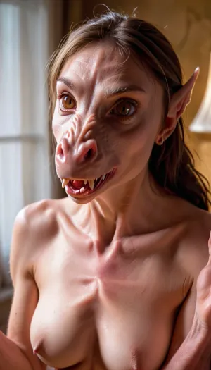 Eine nude veiny anorexic milf mit knöchernen Rippen, Drachenaugen, vaskulären spitzen Ohren und realistische Drachenzähne sahen auf ein bild eines nackten Drachen mit spitzen Ohren
