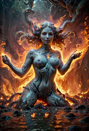 एक महिला को एक मिट्टी कवर कमरे में दो महिलाओं द्वारा बकवास किया जा रहा है, जिसमें उच्च-रिज़ॉल्यूशन डिजिटल कला, अल्ट्रा-डिटेलेड रचना और रीयल-टाइम रे ट्रेसिंग शामिल हैं। दृश्य अविश्वसनीय रूप से विस्तृत और खूबसूरत है, जिसमें महिला की जटिल पोशाक है