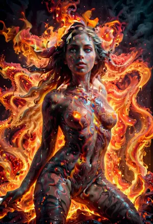 लंबे बालों वाली लड़की और चौड़ी आंखों वाली अभिव्यक्ति धूम्रपान से घिरा हुआ है, जबकि बड़े हाथों और पैरों वाले लड़के छत से लटकाते हैं। प्रकाश अति उच्च संकल्प है, और संरचना आग, लावा जैसे तत्वों के साथ जटिल है,