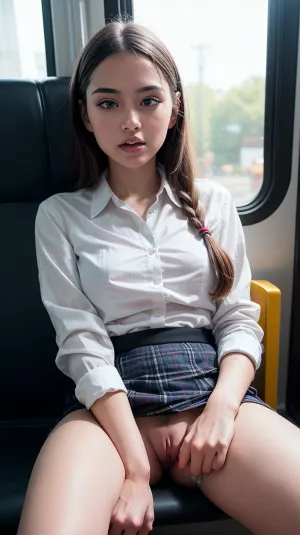 (warm ambient light:.5), Masterpiece, top quality, best quality, 8k, highres, ultra-high res, absurdres, ultra-detailed, (realistic:1.1), nostalgia, sharp focus, depth of field, RAW image, taken on a Canon EOS R3, DSLR photo, professional photography, photo-realism, (2girls:1.1), 2 girls, (Ukrainian Japanese Australian girls 18:1.1), ((girls touching each other sexually)), ((girl sitting on train seat flashing her pussy)), beautiful, skinny, dark hair, braided hair, hair down, straight hair, perfect face, (unbuttoned white collared shirt:1.2), (detailed royal blue plaid tight mini skirt), (transparent stockings), (flip flops), (fully clothed:1.2), (no panties), (hairy pussy:1.2), (tits:.3), slutty, (detailed tits), (detailed skin texture), ((full body in frame:1.4)), feet in frame, ((visible feet:1.3)), low camera view from floor pov, (view from side across aisle), skirtlift, <lora:flat_chest_v2:.7>, <lora:skirtlift-v1:.3>