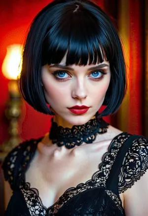 Das hübsche gotische Mädchen saß an ihrem Schreibtisch und starrte auf den Bildschirm ihres Laptops. Sie suchte nach einem neuen Bild als Inspiration für ihr nächstes Kunstwerk. Plötzlich bemerkte sie eine schöne Frau mit kurzen schwarzen Haaren und