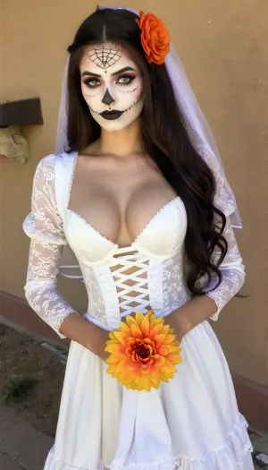 A stunning vintage film grain of a 19-year-old Mexican bride in 1896, wearing a ruffled wedding dress with a nip slip and thin wide hips, is captured in this stunning black and white photograph. Her large natural soft breasts