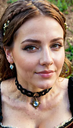 La bella donna della fata rinascimentale indossava una collana di choker che accentuava perfettamente le sue caratteristiche perfette. Stava guardando lo spettatore con uno smirk, come se sapesse qualcosa che non abbiamo fatto. Dall'alto, il fotografo amatoriale ha catturato la sua bellezza