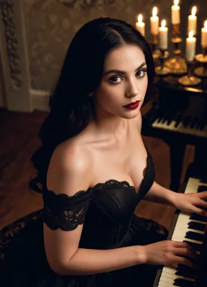 A menina tocou uma melodia suave no piano com seus dedos longos e esbeltos. Seu vestido de renda preta fluiu em torno dela enquanto ela balançava para a música. Seu batom vermelho escuro adicionou um toque de sofisticação a sua aparência inocente. Era ela