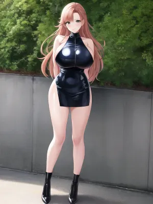 Das perfekte Bild der schönen Hal mit einem perfekten Gesicht, perfekten Augen, scharfen Fokus, Arme hinter ihrem Rücken, und hohem Hals und Schlitzrock wurde von einer KI mit den besten Qualität pornographische Materialien zur Verfügung