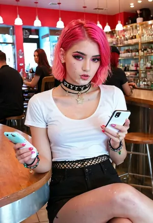 young 18 years old slender egirl sits at a table and looks bored at the phone, (phone in hand), (bored look:1.3), (indifferent face:1.3), pink hair, (girl looking at the phone:1.5), (girl ignores you:1.6), cute tall face, (bright egirl makeup:1.5), ((ruined makeup)), (cafe), sitting in a cafe, at a table in a cafe, (cum on face:1.6), (cum on hair:1.5), (cum on cloth:1.4), bukkake, (youth clothing style, e-girl style, tight T-shirt, choker, jewelry, bracelet on the wrist:1.4), <lora:JustCum:.5>, <lora:MS_Real_XL_Bukkake:.5>