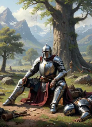 В мире ИИ появилась новая картина, изображающая двух бронированных фигур, стоящих на земле с мечами в руках, в окружении гигантских деревьев и темного ночного неба. Фон заполнен текстом с высоким разрешением, который гласит «score_9_up»