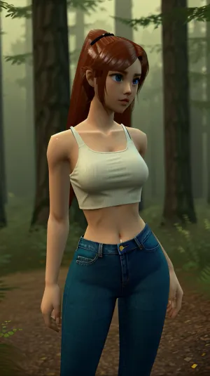 3d, (n64style:1.3), screenshot of a nintendo 64 game, n64, 1girl, human, cute, portrait of a european woman, crop top, very tight jeans pants, forest, natural skin texture, soft cinematic light, elegant, detailed, sharp focus, soothing tones, details, low contrast, dim colors, faded, <lora:icbin64:.5>