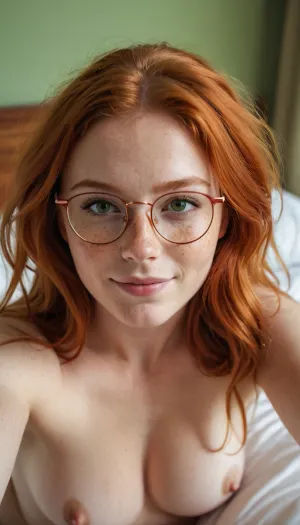 Una chica de jengibre topless con pecas, sonrisa y gafas toma un selfie en un espejo