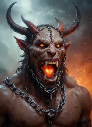 Кисти художника были сложными и точными, поскольку они нарисовали подробную картину сущности ИИ в цепях. Существо светилось дымкой оранжевого и красного цвета, его рогатая голова наклонилась к небу. Его рот был открыт,