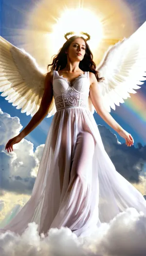 Gorgeous Palestinian Female Angel, fully clothed in feathers, ascending from the clouds, halo, <lora:angel_xl_v1:1>