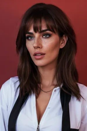 Erotic photo shoot, in a photo studio, red background, ((20 year old girl)), Russian face, full body in the picture, FRONT VIEW, thin, athletic, slender, sharp facial features, long light brown hair, big ears sticking out from under the hair, plump and scarlet lips. big, clear and symmetrical eyes, voluminous and long eyelashes, black eyeliner, big breasts, big boobs, size C, ((black jacket, white shirt, tight jeans, belt)), ((highly detailed skin)), 8k uhd, dslr, high quality, detailed skin texture, (highly detailed hair), clear body, highly detailed body, (realistic), soft focus, insanely detailed, highest quality, freckles, (pores of the skin, skin imperfections), seductive, high resolution photo on a Nikon camera, perfect makeup, friendly, flirtatious, her lips are plump, lingerie catalog style, big round breasts, neon, lights, red, light, blue, green, purple, <lora:Neons:.5>, <lora:glam style makeup:.5>