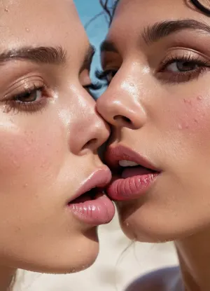 左边的两个女孩是波斯人,皮肤晒黑,自然光照. 他们用唾液在嘴里滴水接吻 右边的女孩是芬兰人,嘴唇大,黑发光滑. 她穿着红色的裙子