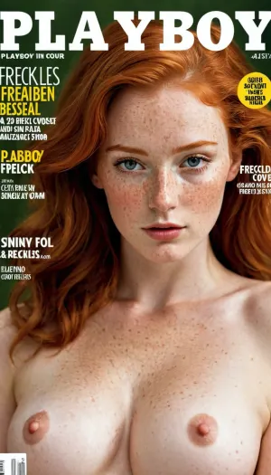 A vintage image of a 20 year old woman, skinny, ((breasts)), ginger hair, ((magazine)), ((freckles)), ((high quality)), pale skin, ((cute tall face)), seductive look, ((playboy cover)), playboy, magazine, cover, <lora:playboy_cover_SDXL_v1:.5>