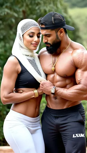 A muscular beefy Indian Muslim bodybuilder with full body portrait undresses a beautiful 40-year-old muscular beefy Indian Muslim bodybuilder with full body portrait in the bright sunlight