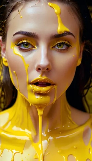 Una donna ha dipinto un bel volto con le gambe spalancate, perse nel momento di creare un volto orgasmico per il suo ultimo dipinto