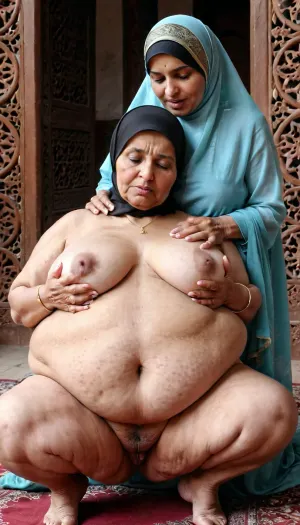 Zwei alte Grannies, eine 88 und die anderen 95 Jahre alt, zeigen beide schlaffe leere Brüste beim Lesen aus dem Quran-Buch. Sie tragen beide Hijabs und beobachten sie mit einem leeren Ausdruck auf ihren Gesichtern. Der Imam ist