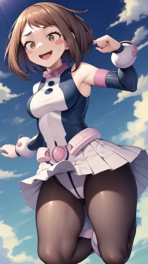 Das AI generierte Bild eines sexy engen Bodysuit mit Highres, hoher Qualität und mittleren Brüsten. Es hatte ein Lächeln auf seinem Gesicht mit offenem Mund, gebunden durch Magie. Es trug eine blush Aufkleber auf seinen Wangen und springte ein