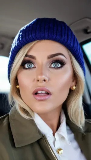 Una belleza ucraniana de 35 años con un maquillaje exótico y cuerpo maduro fue capturada en una foto cinematográfica, mostrando sus grandes ojos, labios perfectamente moldeados y cuerpo maduro. Llevaba un elegante sombrero blanco y una chaqueta mientras estaba sentado en un coche