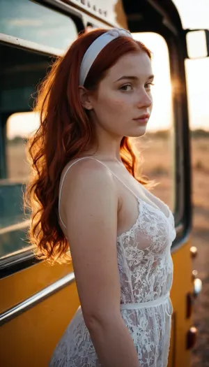 一位年轻女子站在50的公交车前,她的圆筒被暖光照亮. 她穿着性感的红色裙子,站在全身的视线下,捕捉到神秘照片的所有细节