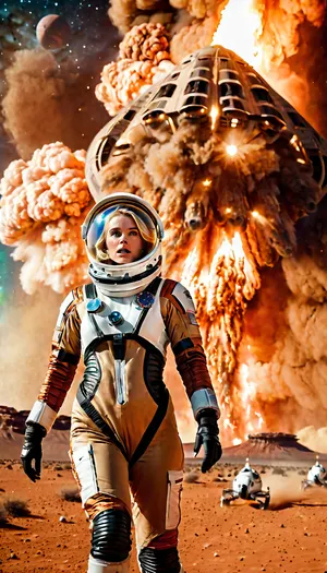 a blonde, young woman in a spacesuit flees from aliens on Mars, who attack her, in the background you can see a burning spaceship