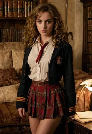 赫敏·格兰杰(英語:Hermione Granger)是一位美丽而性感的霍格沃茨学生,因在古代图书馆书架上阅读一本书的行为而陷入困境. 她的弯曲身体通过细腰和窄臀部可见. 她已经半排队了