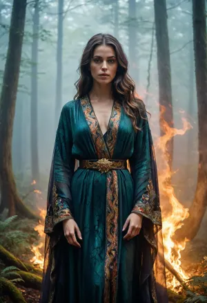 Женщина на картине стоит в темном туманном форресте, ее халат зияет вокруг нее, когда она стоит с вытянутыми руками. Ее лицо скрыто капюшоном ее одежды, но ее глаза пронзительны и напряжены