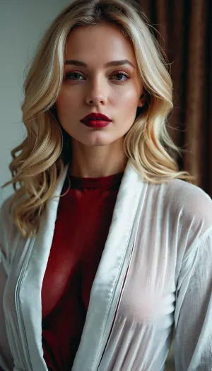 脸色和紧身的姑娘,戴着红色口红,坐在卧室的床上. 她有一张自己在Instagram上的照片,上面有她的金发和深红色的口红. 她穿着紧身长袍