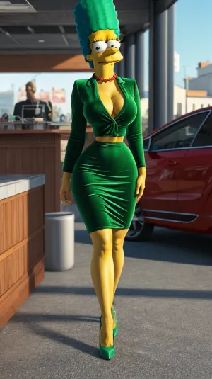 玛吉·辛普森(Marge Simpson)穿着漂亮的绿色天鹅绒裙子,上面带有红色的按钮和黄色的皮肤. 她的头部和身体都与身高成正比,使她看起来像穿着全身的景色. 她有肌肉的手臂和腿 给